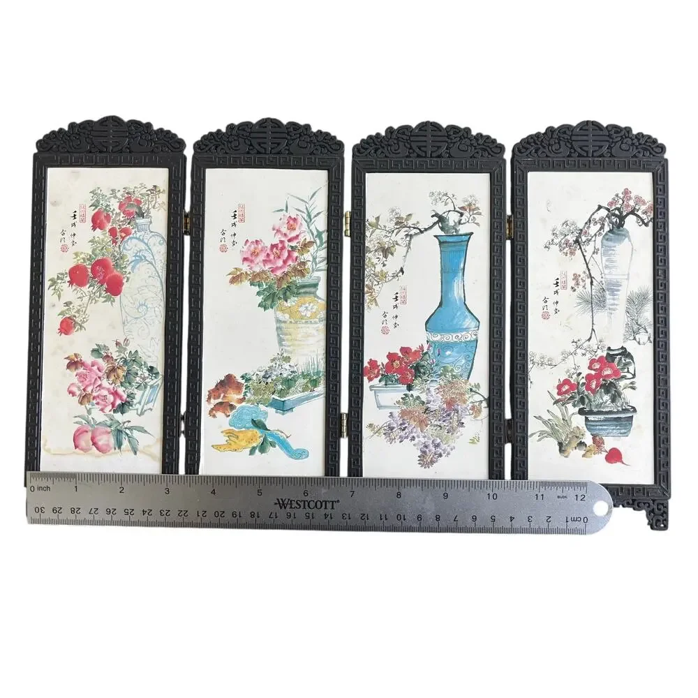 Vintage Dollhouse Miniature Asian 4 Panel Folding Screen